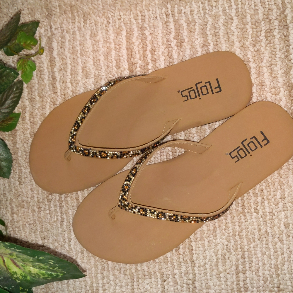 Flojos Rhinestone Animal Print Flip Flops.  #102